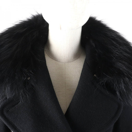 BURBERRY BLUE LABEL trench coat Outer material: 70% wool, Outer material: 30% angora, Fur: raccoon, Part: cowhide, Lining: 100% polyester black Women 38 Used Authentic