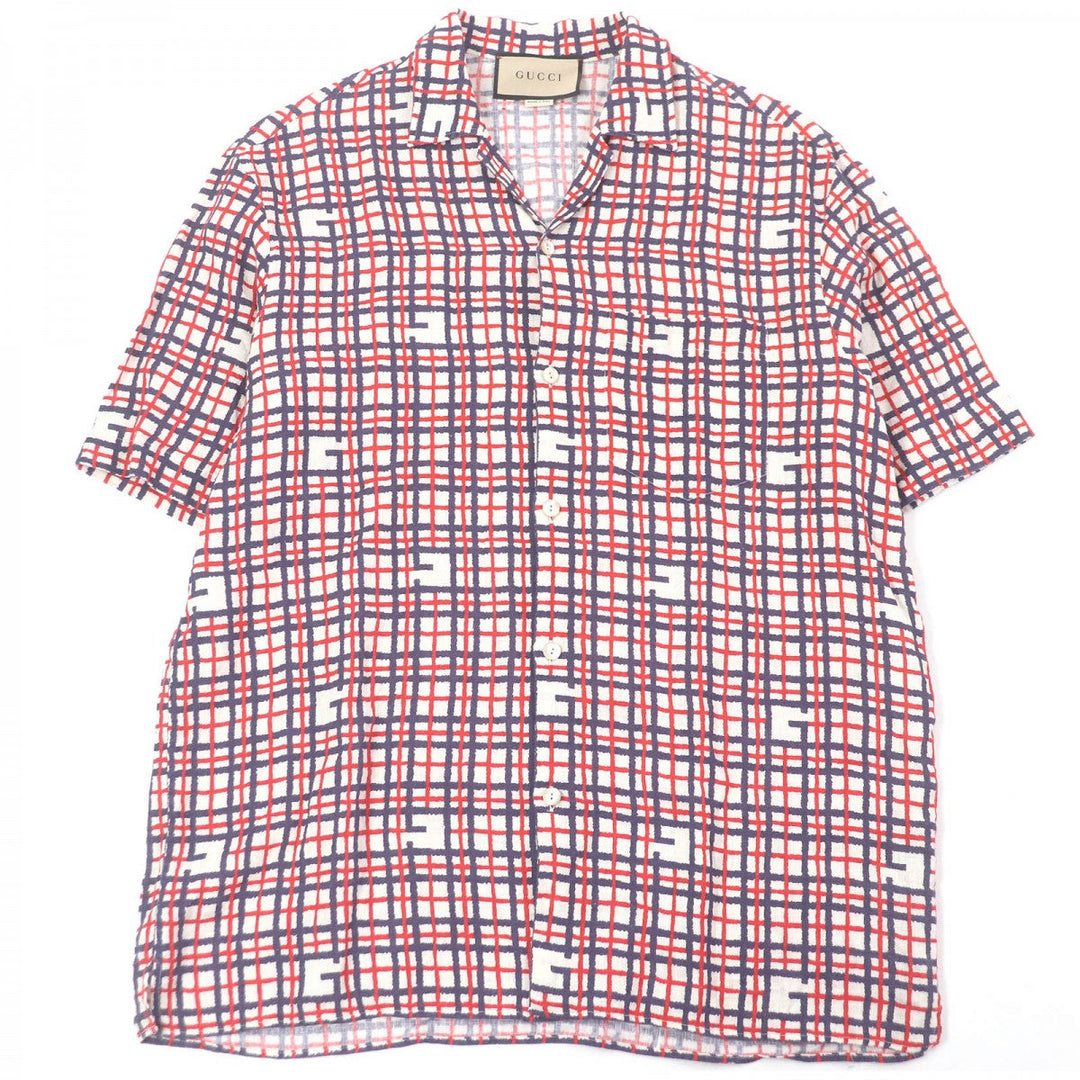 GUCCI Short sleeve shirt 742706 Main: 100% linen, some parts: 100% polyester Red navy mens 48 Used Authentic