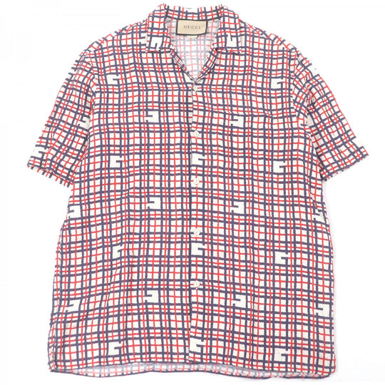 GUCCI Short sleeve shirt 742706 Main: 100% linen, some parts: 100% polyester Red navy mens 48 Used Authentic