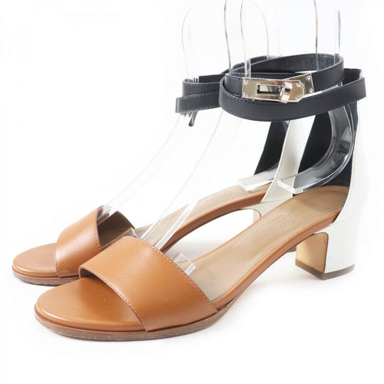 HERMES Sandals Main: Leather Brown black white Money Women 36.5 Used Authentic