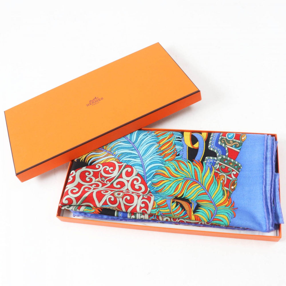 HERMES scarf Main: 65% cashmere, Main: 35% silk blue multi Carre140 SOUS LEGIDE DE MARS Women Used Authentic