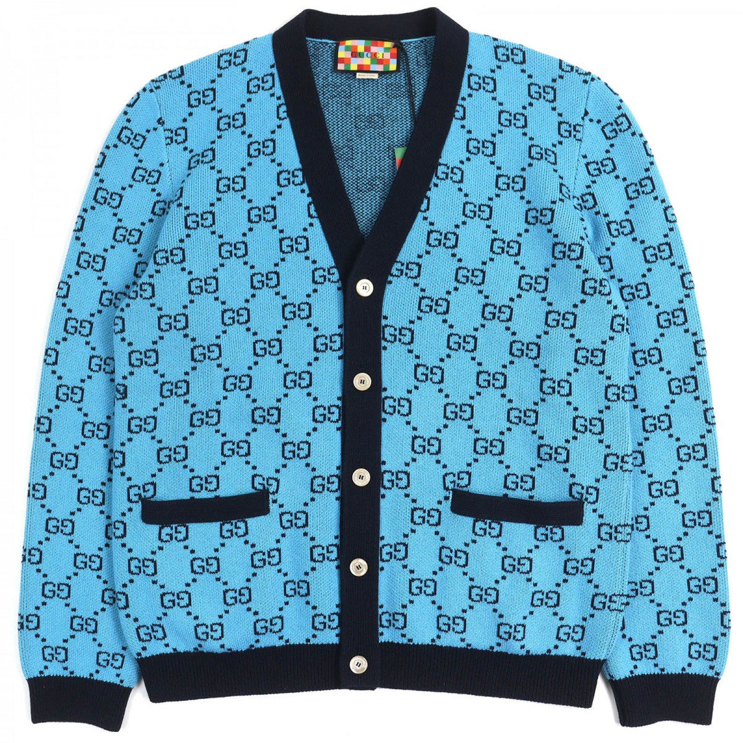 GUCCI cardigan 661156 Main: 54% wool, Main: 46% cotton, Part: 54% wool, Part: 43% cotton, Part: 2% polyurethane blue-black mens L Used Authentic