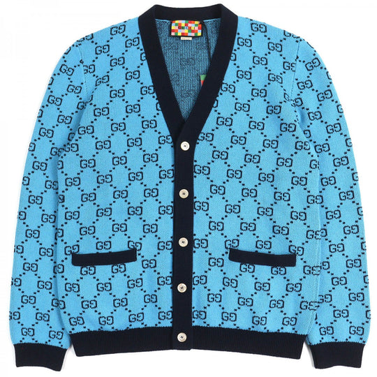 GUCCI cardigan 661156 Main: 54% wool, Main: 46% cotton, Part: 54% wool, Part: 43% cotton, Part: 2% polyurethane blue-black mens L Used Authentic