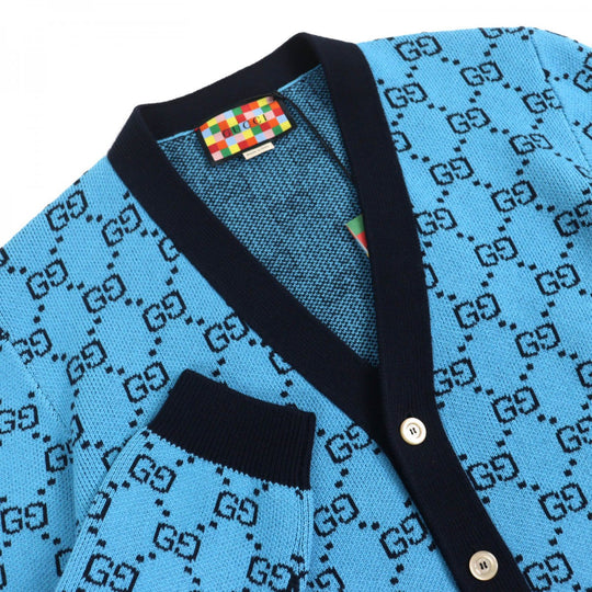 GUCCI cardigan 661156 Main: 54% wool, Main: 46% cotton, Part: 54% wool, Part: 43% cotton, Part: 2% polyurethane blue-black mens L Used Authentic