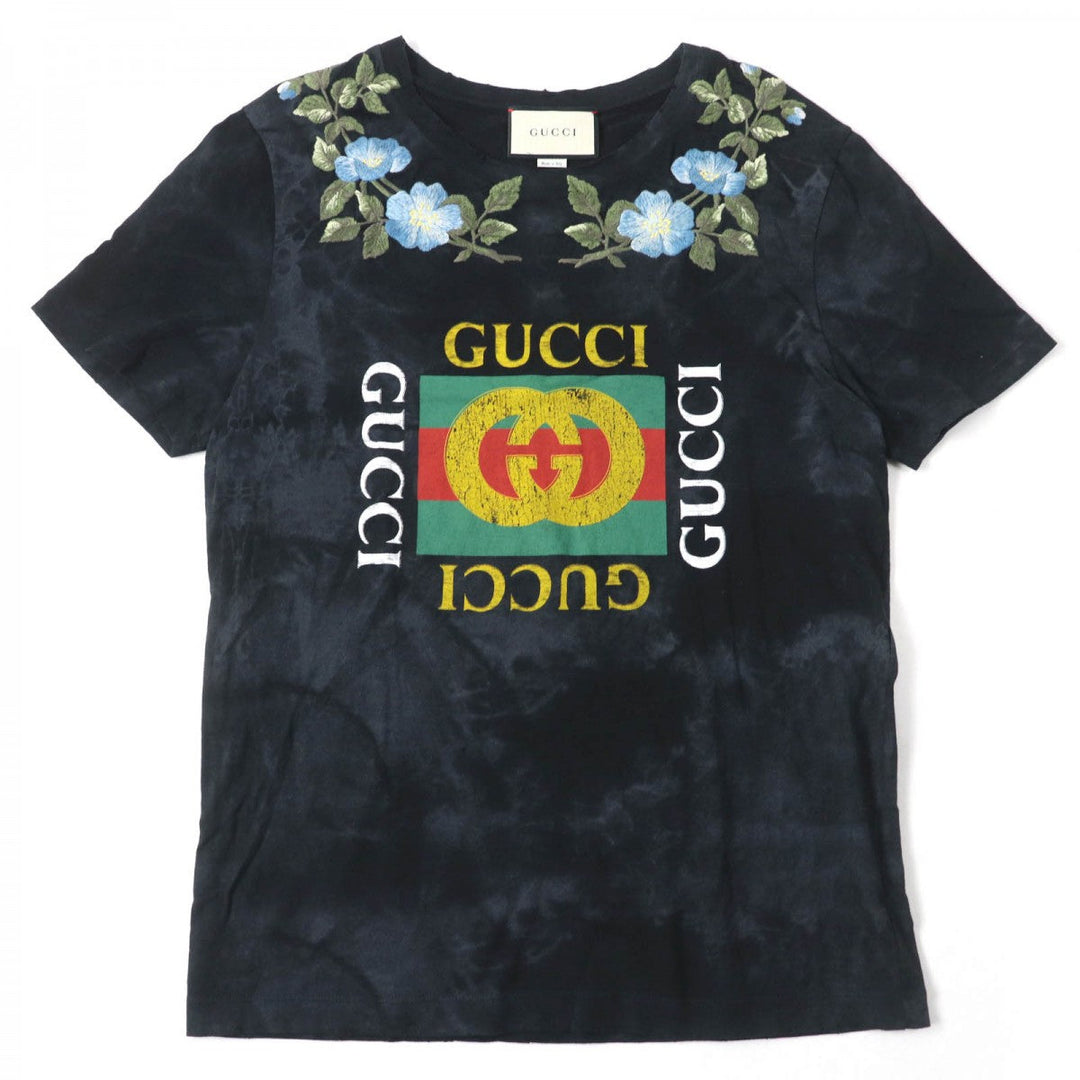 GUCCI Short sleeve T-shirt 457936 Main: 100% cotton, Part: 100% cotton, Part: 100% polyester black Floral Embroidery Tee mens S Used Authentic