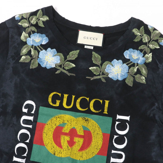 GUCCI Short sleeve T-shirt 457936 Main: 100% cotton, Part: 100% cotton, Part: 100% polyester black Floral Embroidery Tee mens S Used Authentic