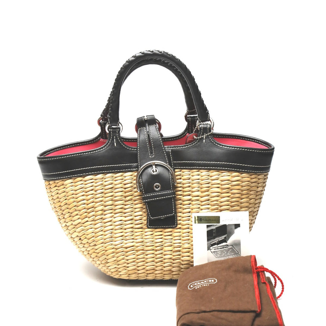 COACH Handbag 6271 Straw, Leather beige Straw x leather Tote Bag Basket bag Women Used Authentic