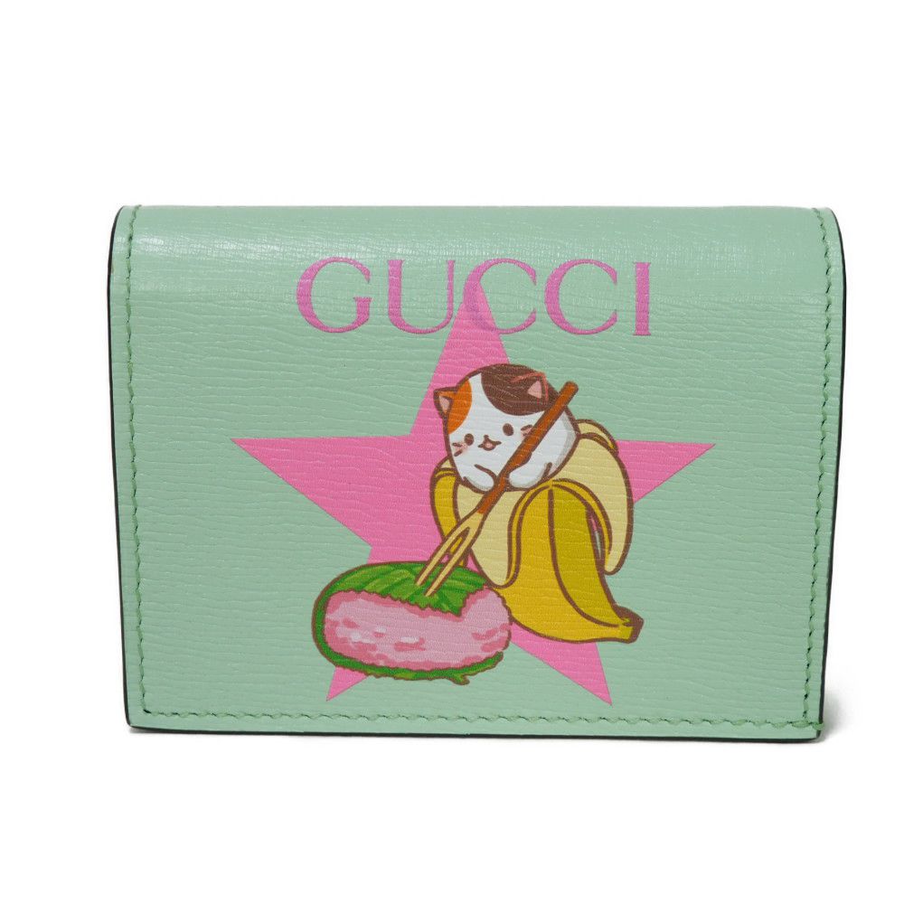 GUCCI Bifold Wallet 701009 U22AG 3067 Textured leather Mint green logo Bananya Compact Wallet