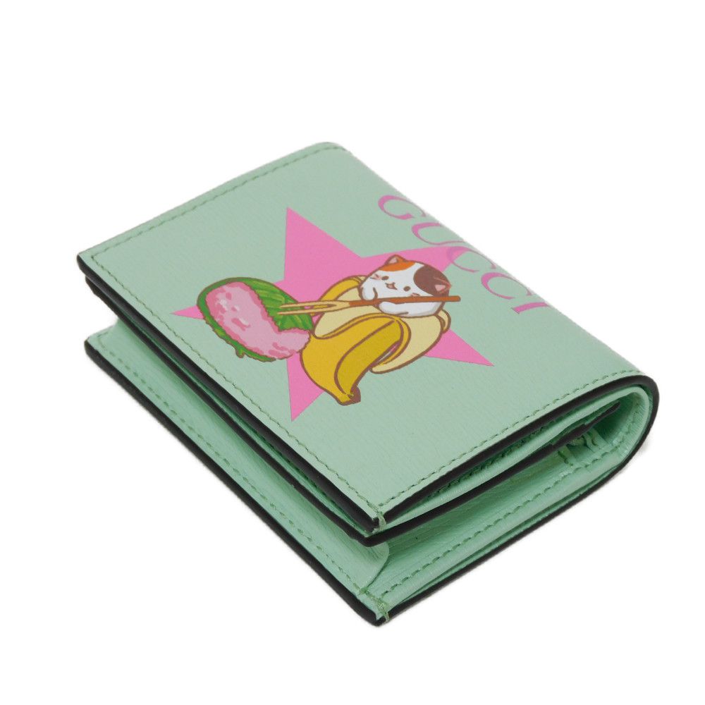 GUCCI Bifold Wallet 701009 U22AG 3067 Textured leather Mint green logo Bananya Compact Wallet