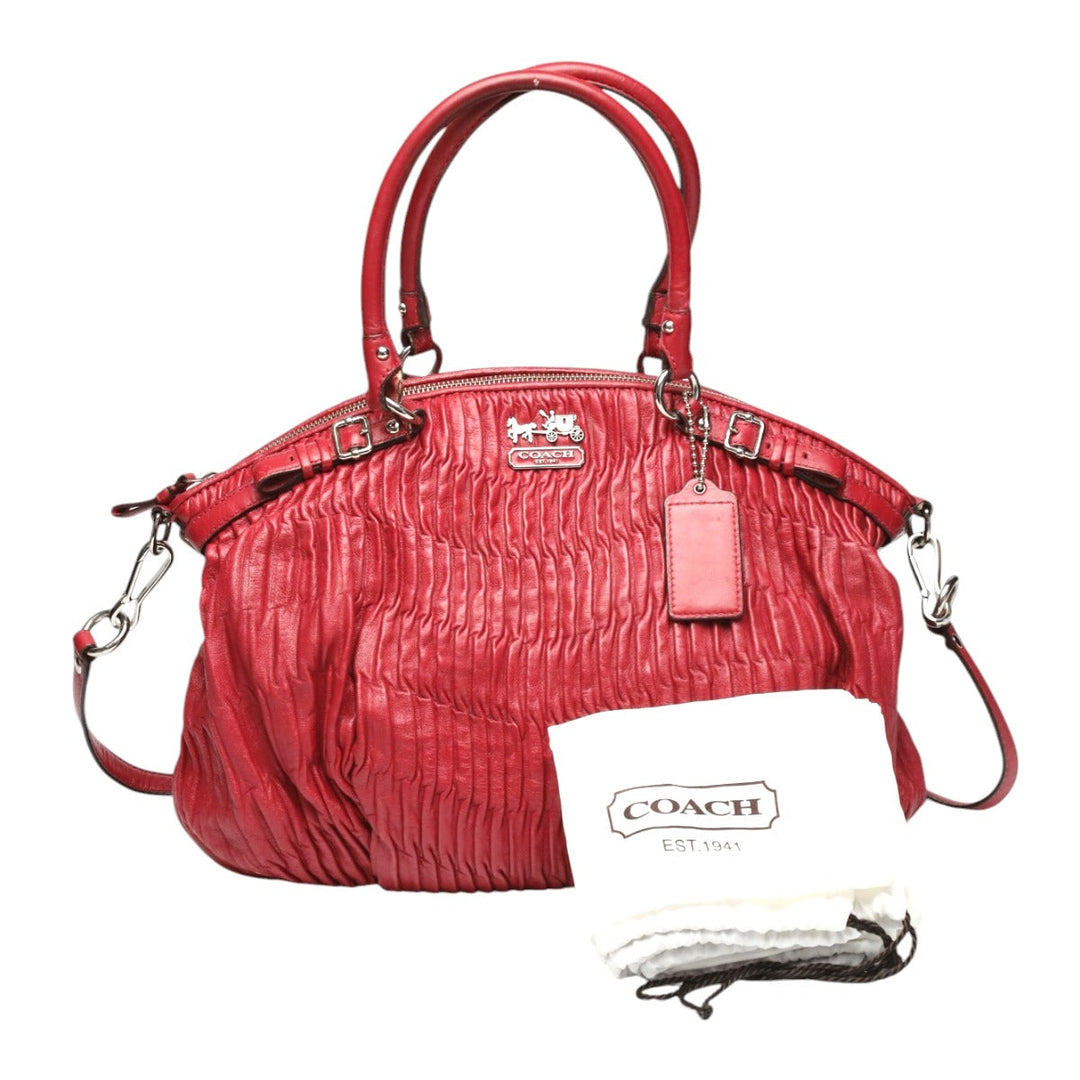 COACH Handbag 18643 leather Red Shoulder Bag 2 way bag Madison Gathered Leather Bag Women Used Authentic