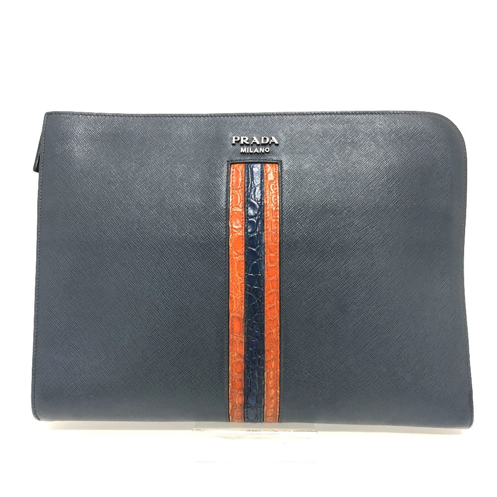 PRADA Clutch bag 2VN003 Safiano leather Navy logo mens Used Authentic