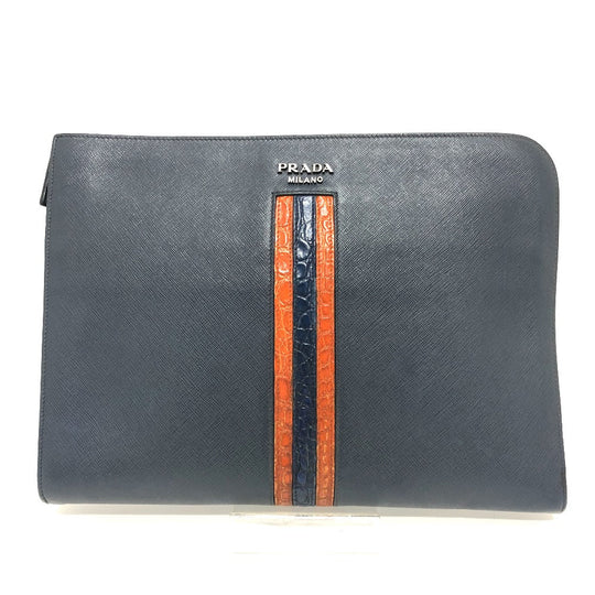 PRADA Clutch bag 2VN003 Safiano leather Navy logo mens Used Authentic