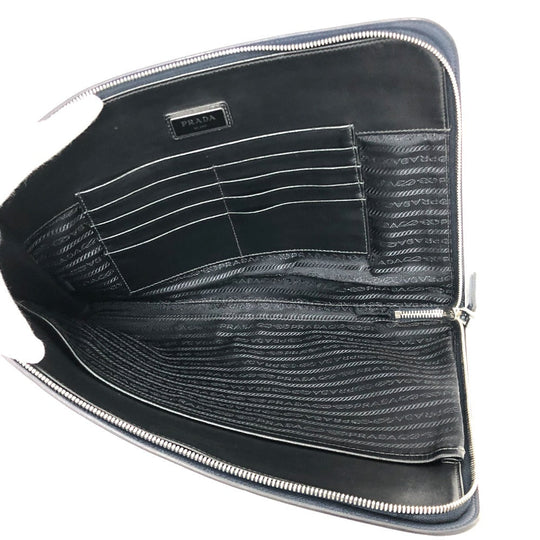 PRADA Clutch bag 2VN003 Safiano leather Navy logo mens Used Authentic