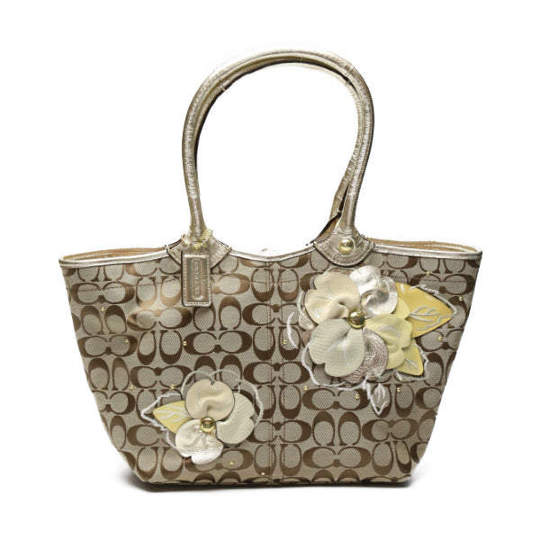 COACH Tote Bag F16276 canvas Khaki x Gold Signature Shoulder back Applique Women Used Authentic