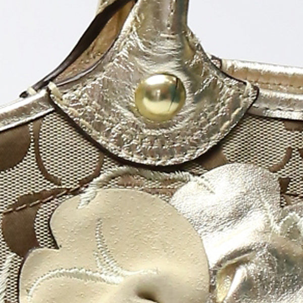 COACH Tote Bag F16276 canvas Khaki x Gold Signature Shoulder back Applique Women Used Authentic