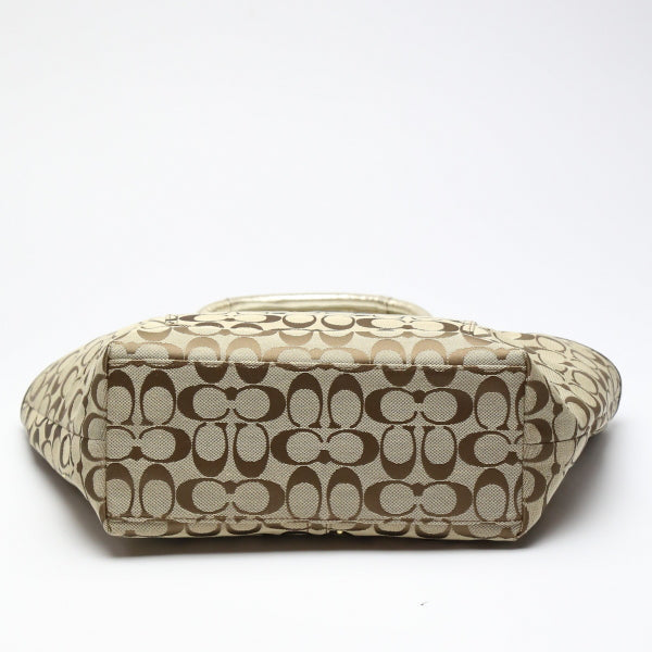 COACH Tote Bag F16276 canvas Khaki x Gold Signature Shoulder back Applique Women Used Authentic