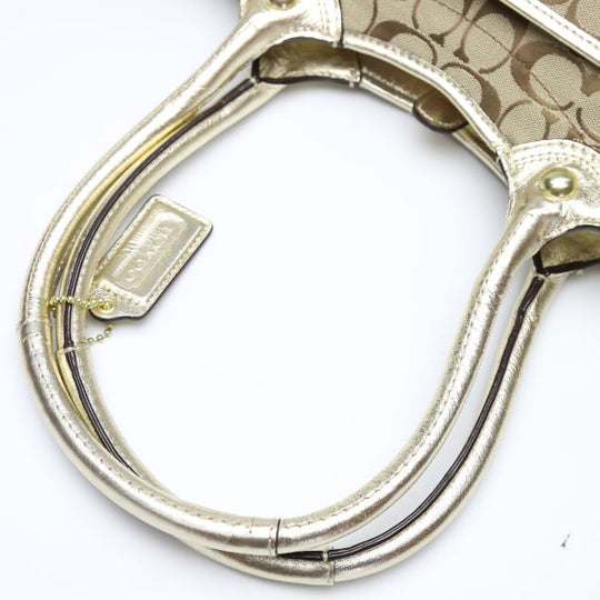 COACH Tote Bag F16276 canvas Khaki x Gold Signature Shoulder back Applique Women Used Authentic