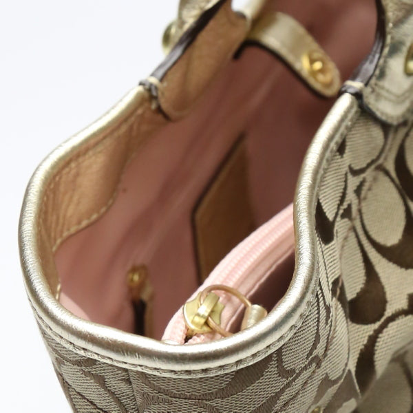 COACH Tote Bag F16276 canvas Khaki x Gold Signature Shoulder back Applique Women Used Authentic