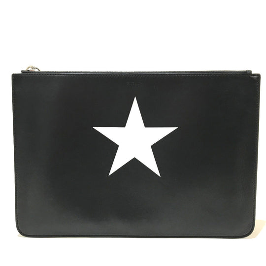 GIVENCHY Clutch bag leather Black x white business bag Star design mens Used Authentic