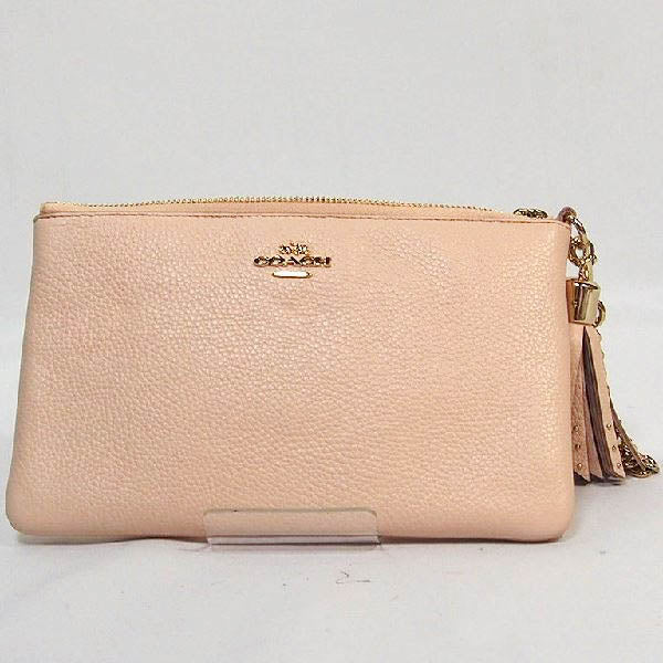COACH Pouch leather beige Accessory pouch mini bag Gold Chain Prairie Zip Wristlet Polished Pebble Leather Women Used Authentic