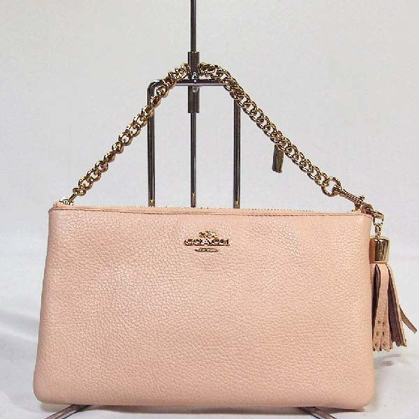 COACH Pouch leather beige Accessory pouch mini bag Gold Chain Prairie Zip Wristlet Polished Pebble Leather Women Used Authentic