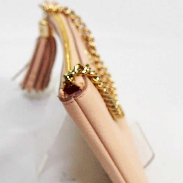 COACH Pouch leather beige Accessory pouch mini bag Gold Chain Prairie Zip Wristlet Polished Pebble Leather Women Used Authentic