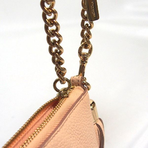 COACH Pouch leather beige Accessory pouch mini bag Gold Chain Prairie Zip Wristlet Polished Pebble Leather Women Used Authentic