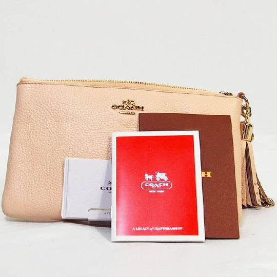 COACH Pouch leather beige Accessory pouch mini bag Gold Chain Prairie Zip Wristlet Polished Pebble Leather Women Used Authentic