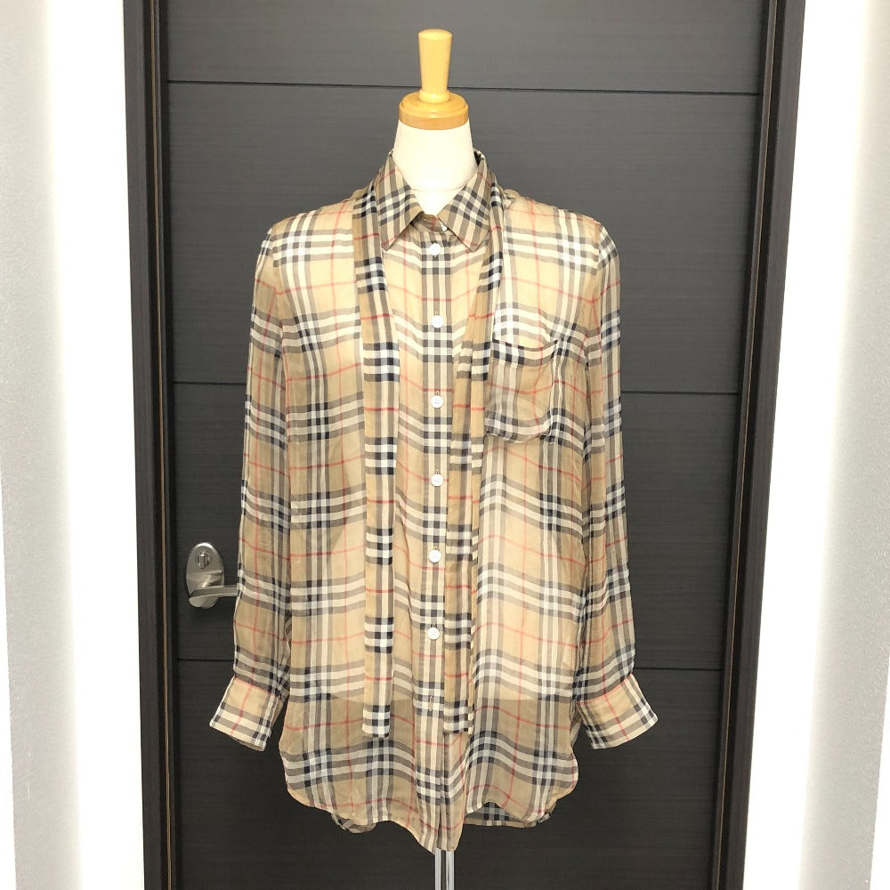 BURBERRY Long sleeve shirt cotton beige Check Pattern See-through Women 38 Used Authentic