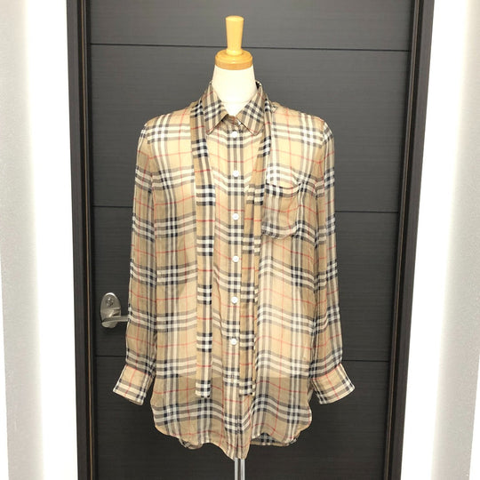 BURBERRY Long sleeve shirt cotton beige Check Pattern See-through Women 38 Used Authentic