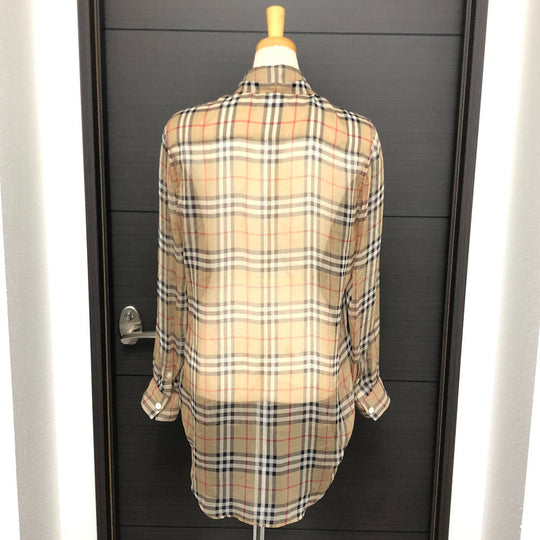 BURBERRY Long sleeve shirt cotton beige Check Pattern See-through Women 38 Used Authentic