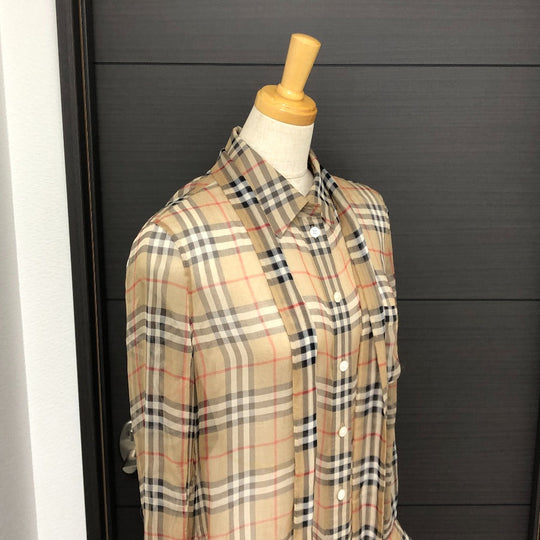 BURBERRY Long sleeve shirt cotton beige Check Pattern See-through Women 38 Used Authentic