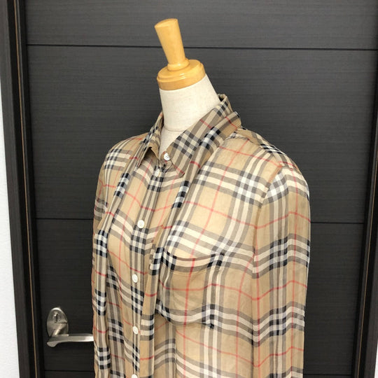 BURBERRY Long sleeve shirt cotton beige Check Pattern See-through Women 38 Used Authentic