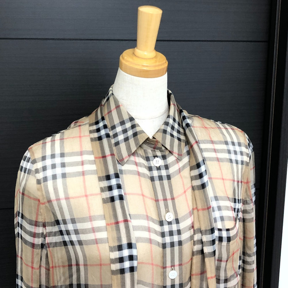 BURBERRY Long sleeve shirt cotton beige Check Pattern See-through Women 38 Used Authentic