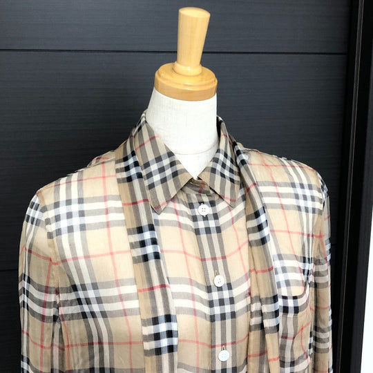 BURBERRY Long sleeve shirt cotton beige Check Pattern See-through Women 38 Used Authentic