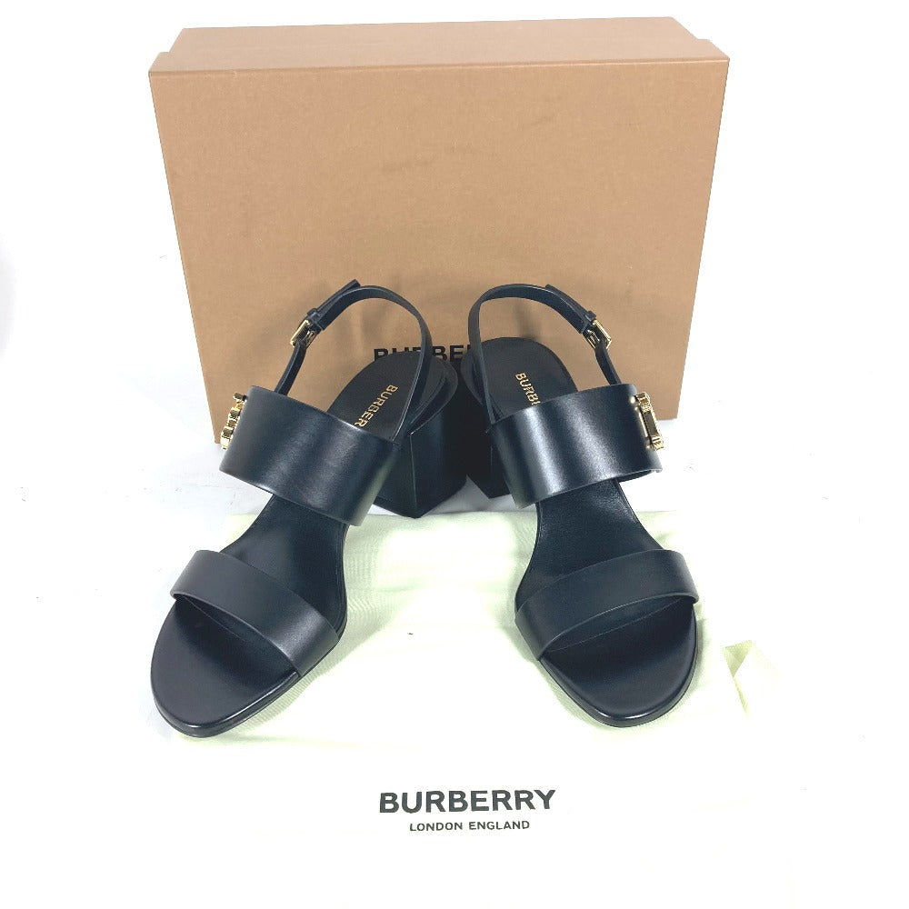 BURBERRY Sandals 8069452 leather black heel shoes TB logo 38