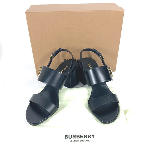 BURBERRY Sandals 8069452 leather black heel shoes TB logo 38