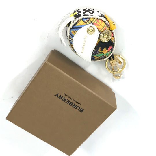 BURBERRY key ring Leather, Canvas beige Bird Check Pattern Graffiti Women Used Authentic