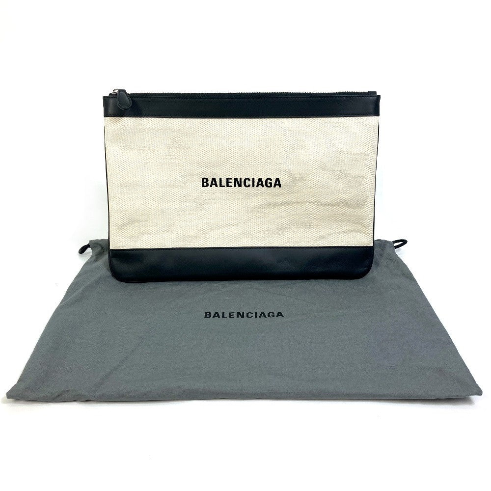 BALENCIAGA Clutch bag 420407 Canvas, Leather Ivory logo Navy clip M unisex Secondhand Authentic