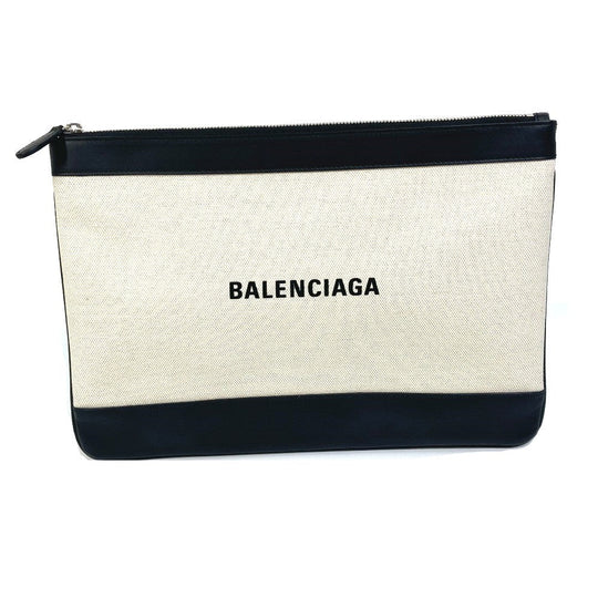 BALENCIAGA Clutch bag 420407 Canvas, Leather Ivory logo Navy clip M unisex Secondhand Authentic