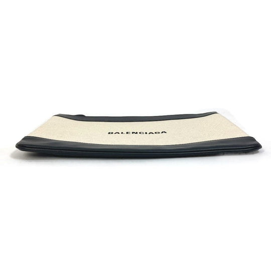 BALENCIAGA Clutch bag 420407 Canvas, Leather Ivory logo Navy clip M unisex Secondhand Authentic