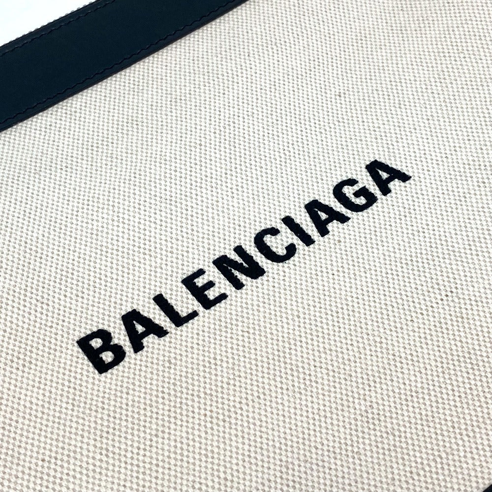 BALENCIAGA Clutch bag 420407 Canvas, Leather Ivory logo Navy clip M unisex Secondhand Authentic