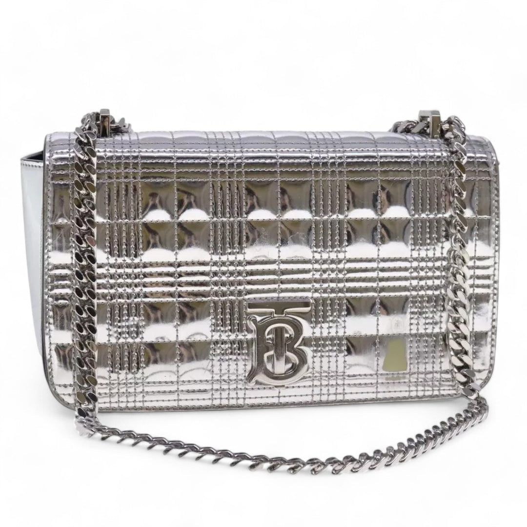 Burberry Chain Shoulder Bag Patent Leather Silver Women Handbag