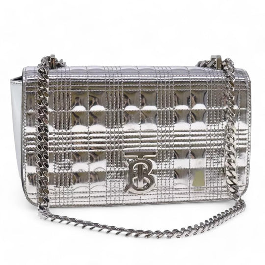 Burberry Chain Shoulder Bag Patent Leather Silver Women Handbag