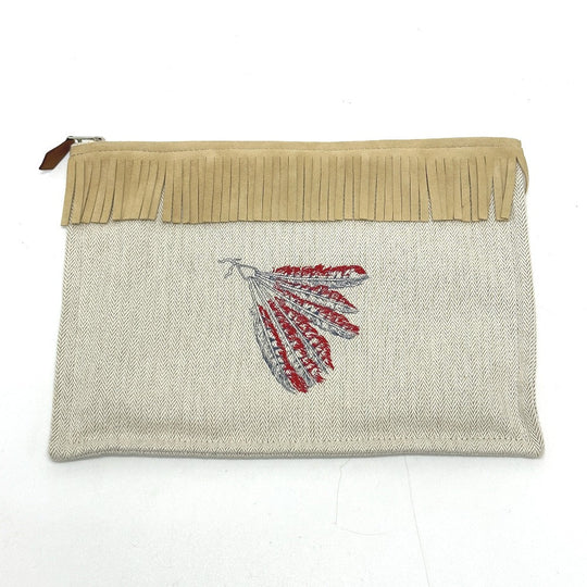 HERMES Pouch canvas beige Makeup pouch Cosmetics Pouch Truth Flat Teepee Women Used Authentic