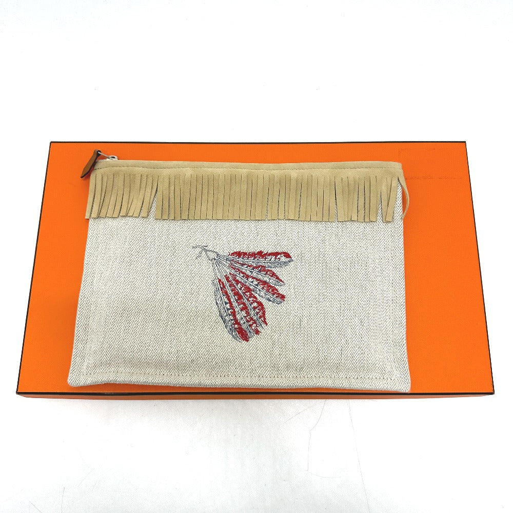 HERMES Pouch canvas beige Makeup pouch Cosmetics Pouch Truth Flat Teepee Women Used Authentic