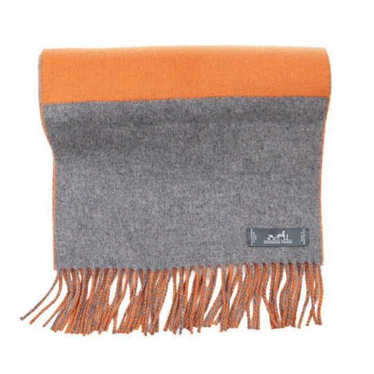 HERMES Scarf Cashmere 100% Orange gray unisex(Unisex) Used Authentic