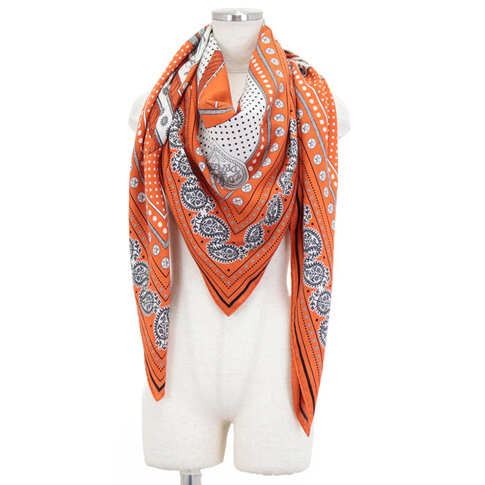 HERMES scarf 70% cashmere, 30% silk Orange Cui White Grey Karegan ZOUAVES ET DRAGONS Women Used Authentic