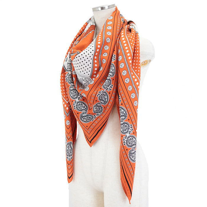 HERMES scarf 70% cashmere, 30% silk Orange Cui White Grey Karegan ZOUAVES ET DRAGONS Women Used Authentic