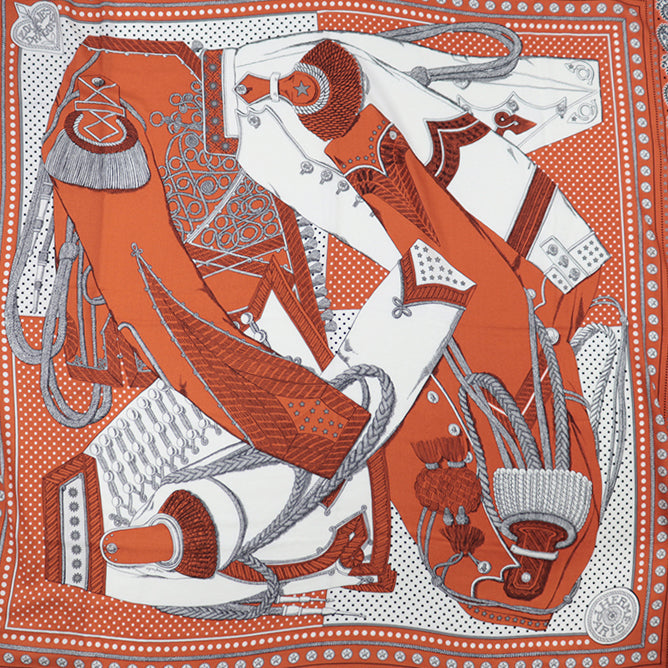 HERMES scarf 70% cashmere, 30% silk Orange Cui White Grey Karegan ZOUAVES ET DRAGONS Women Used Authentic